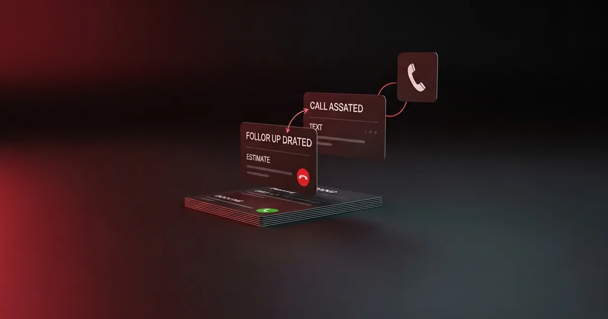 A phone call turning into a neat stack of drafted follow-up cards — an estimate, a text and a booking — illustrating an AI call assistant for a shop.