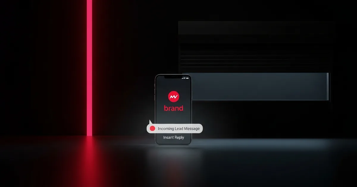 A phone glowing in a dark, closed shop at night with an incoming lead message and an instant reply bubble beneath it, brand-red accent.
