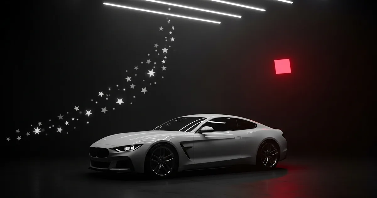 A freshly finished car under shop lights with a rising row of stars and a review request message, brand-red accent.