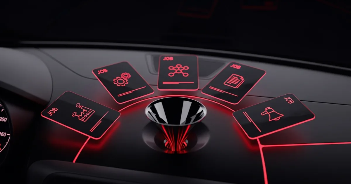 A dark shop dashboard with the brand-red accent showing a row of labelled AI agent cards arranged around a funnel, each scoped to one job.