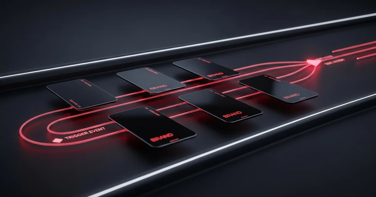Message cards moving along glowing rails from a trigger event to a sent action, on a dark shop dashboard, brand-red accent.