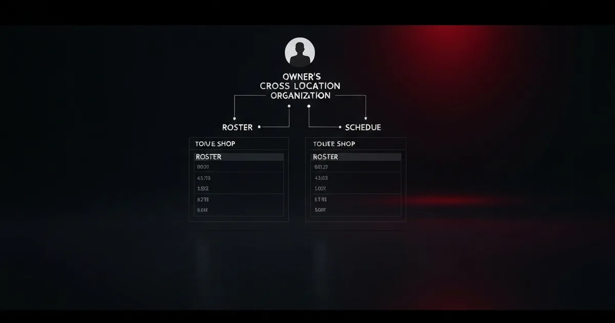Diagram of two separate shop panels under one organization, each with its own roster and schedule, with an owner's cross-location view above them.