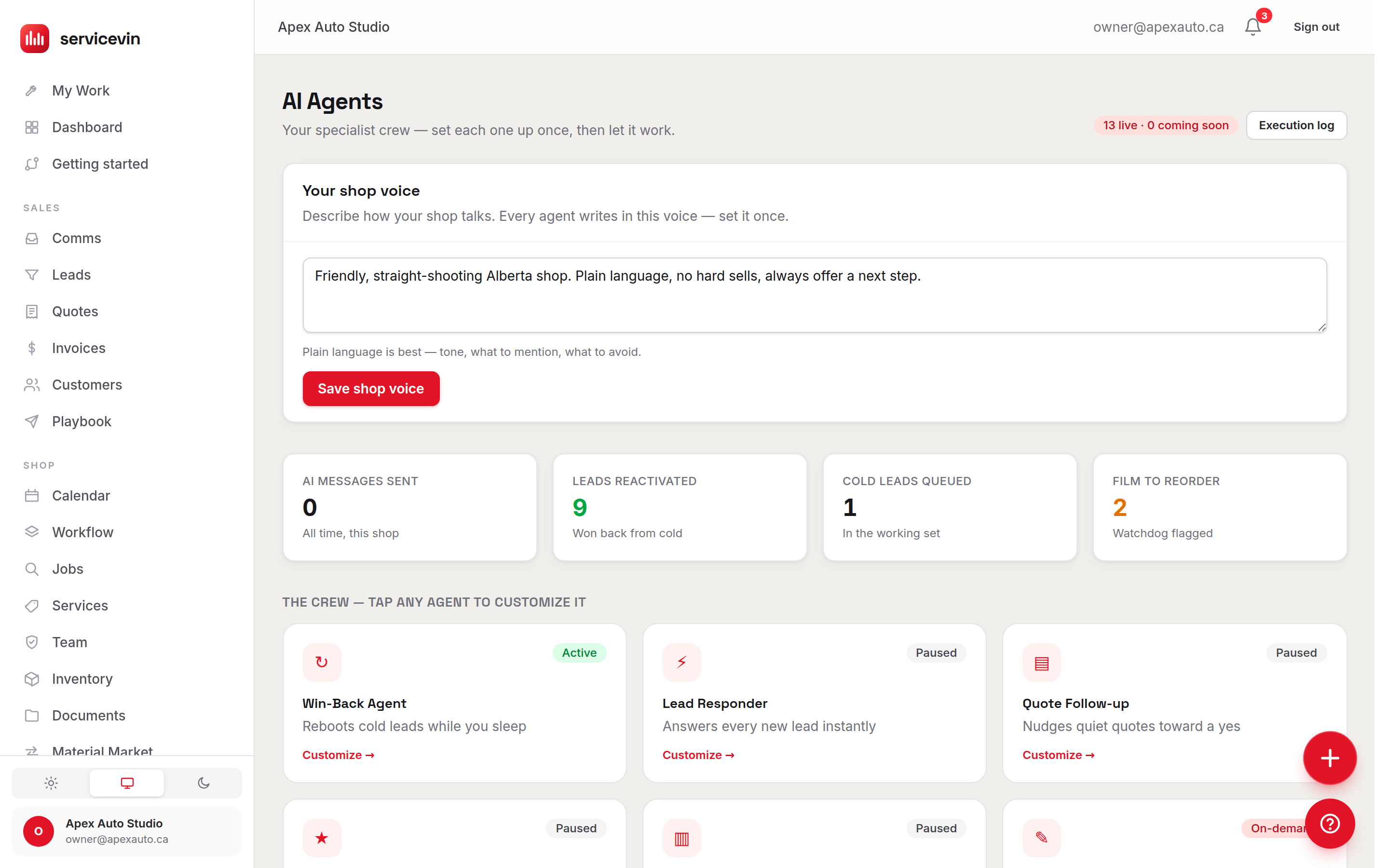 The AI Agents page: a shop-voice box the whole crew writes from, counters for messages sent and leads reactivated, and the agent cards below with Active and Paused switches
