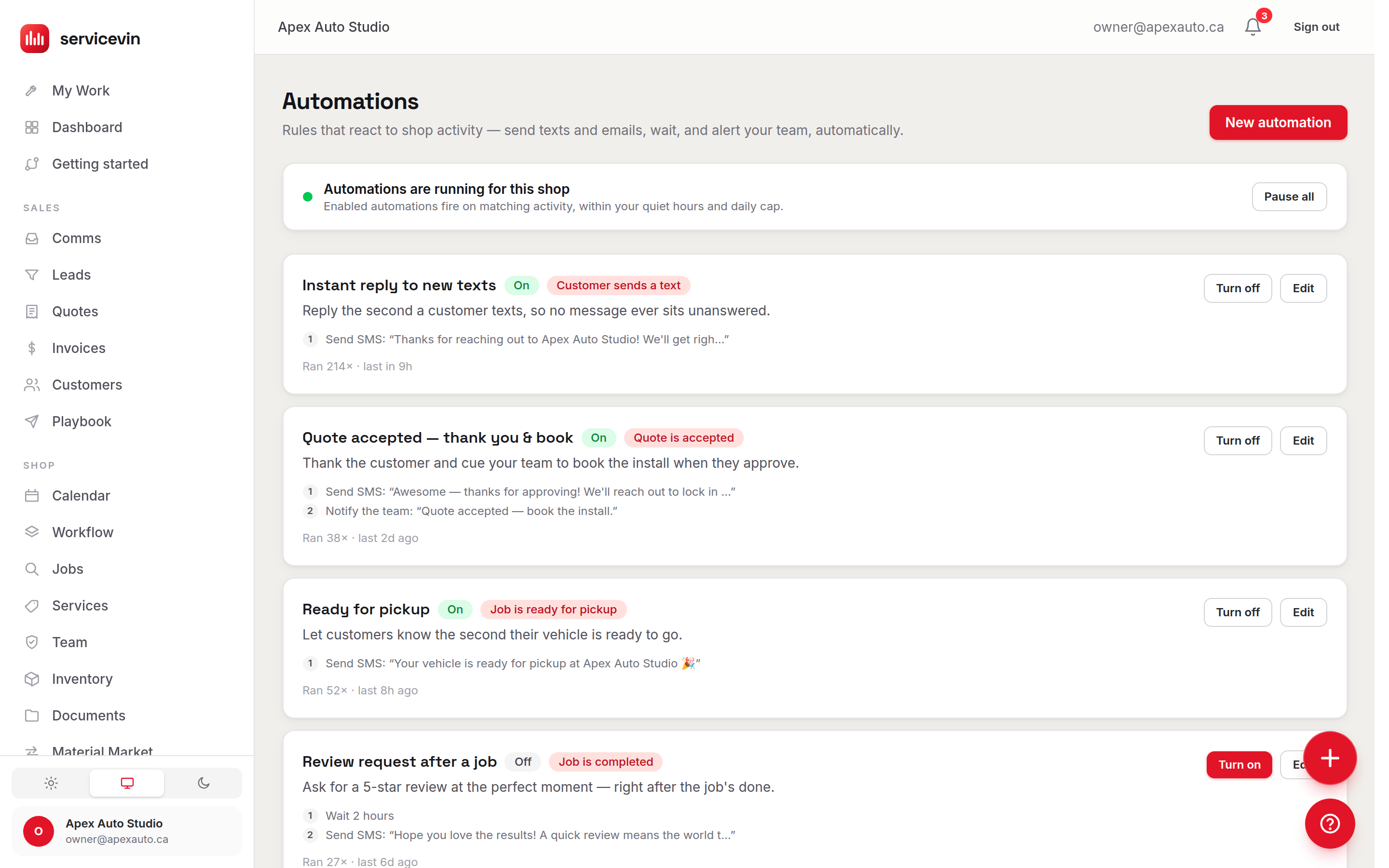 The automations list: instant reply to new texts, quote-accepted thank-you and review request rules, each showing how often it ran