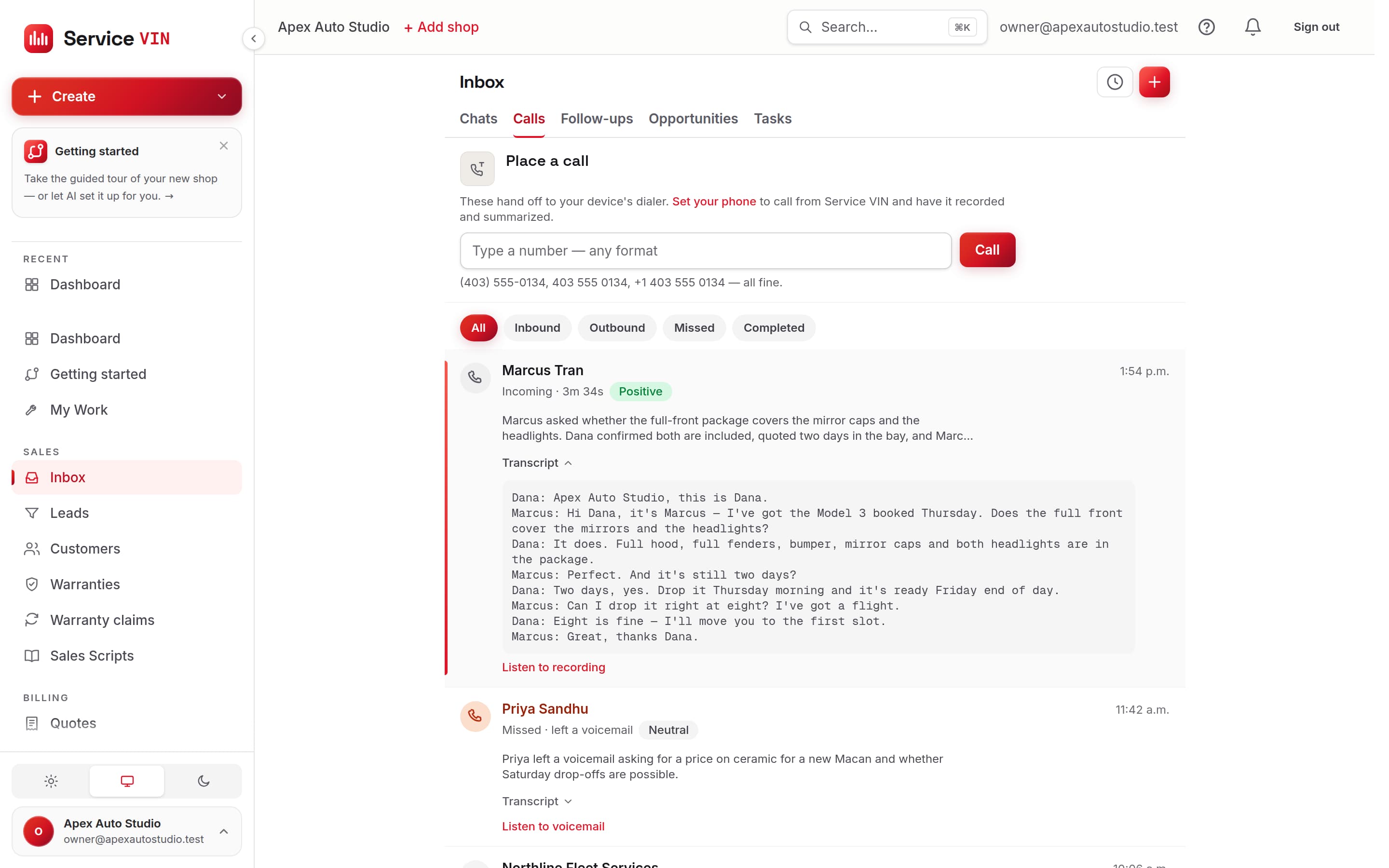 The Service VIN calls list, each call recorded and transcribed with a summary and a drafted follow-up beside it.