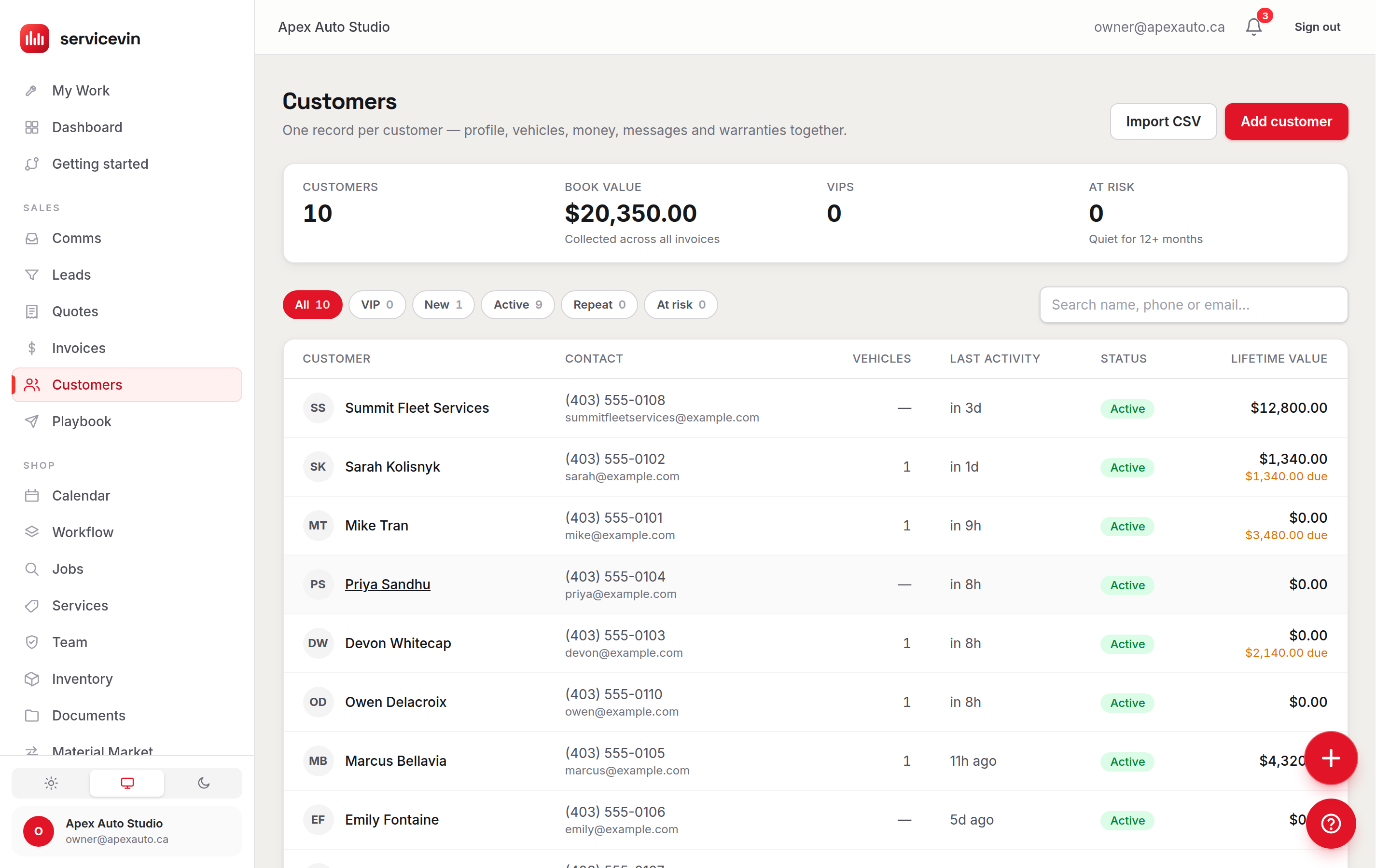 The customer directory: one row per customer with vehicles, last activity, status and lifetime value