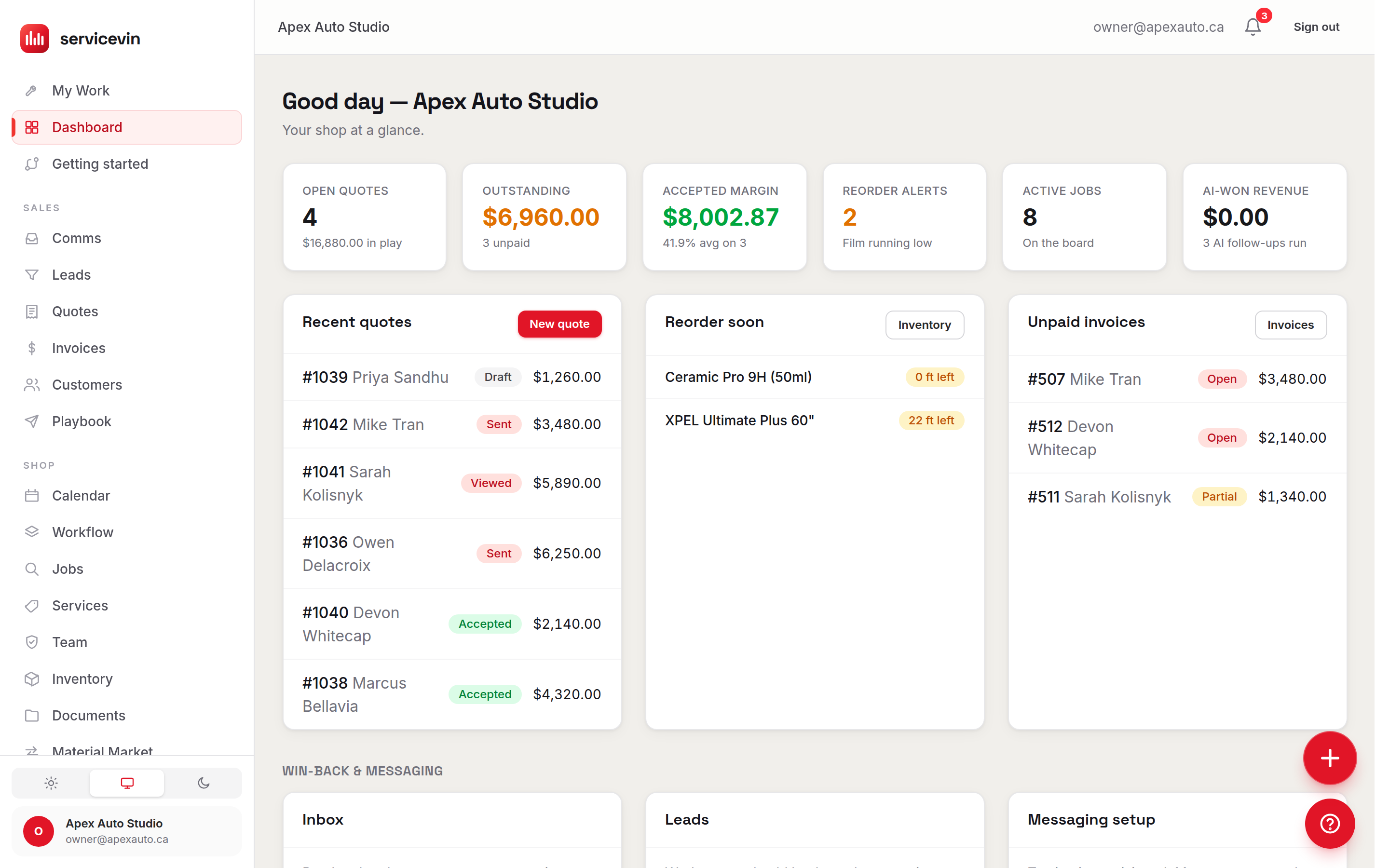 The Service VIN dashboard for a paint protection film shop — open quotes, accepted margin, film reorder alerts and active installs at a glance.