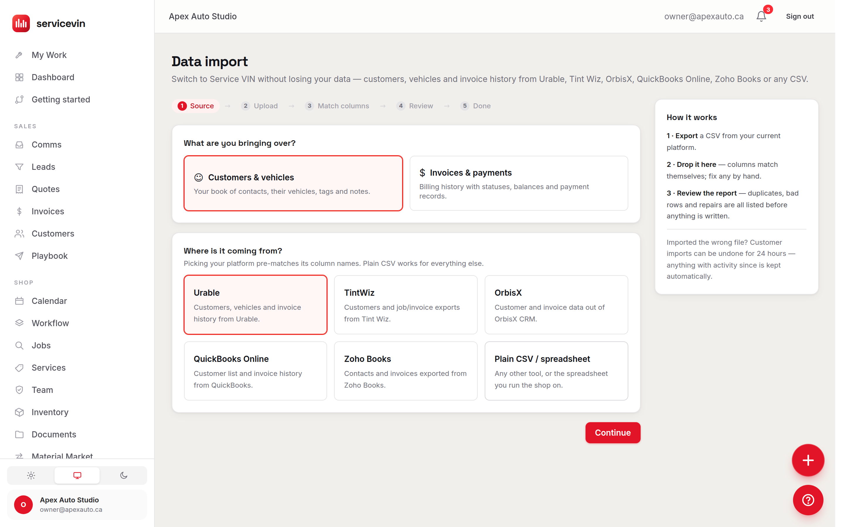 The importer mapping a CSV's columns onto customers, vehicles and invoice history, with each matched field shown beside an example value from the uploaded file