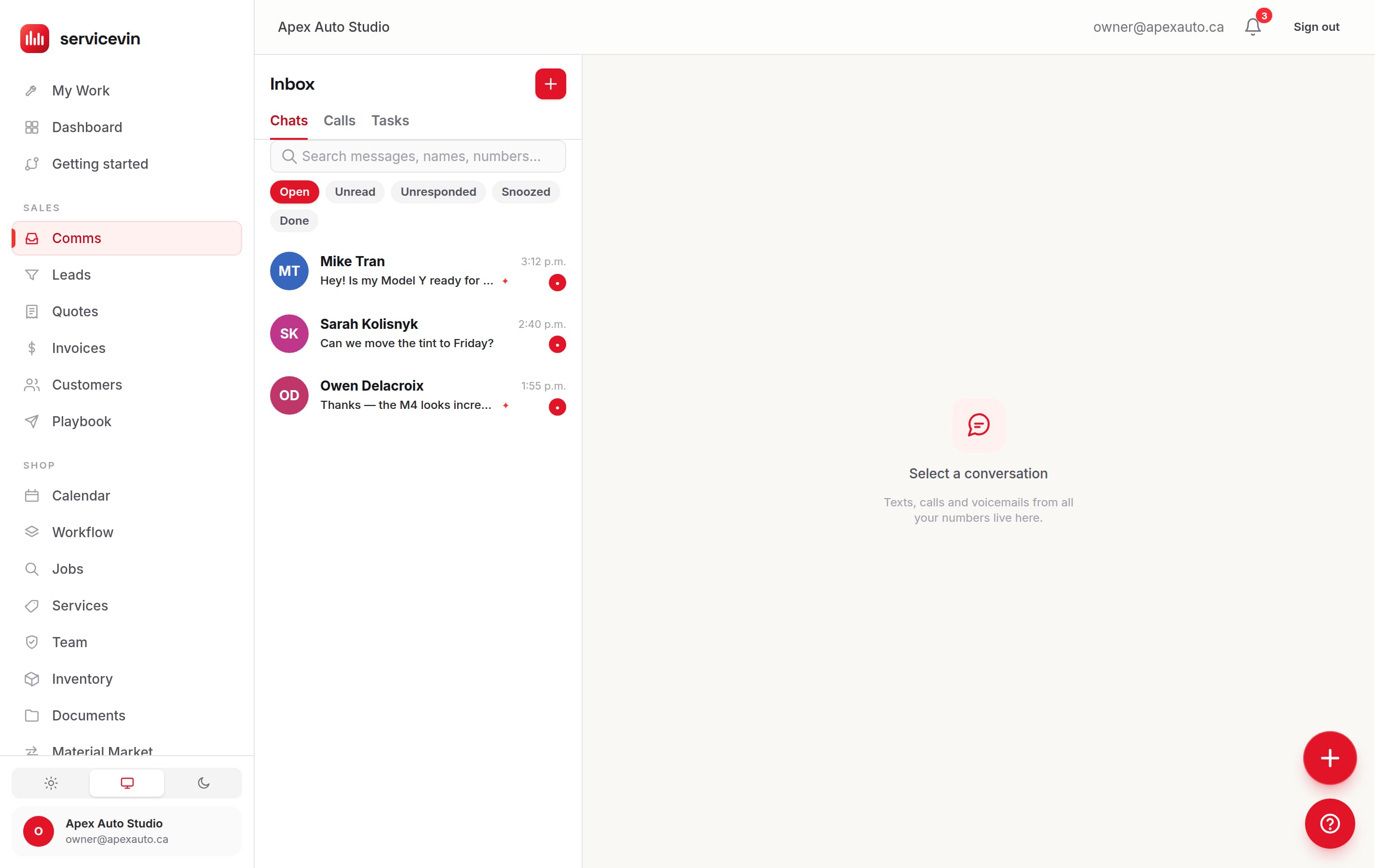The shared inbox: customer texts and calls threaded in one list, with open, unread and unresponded filters