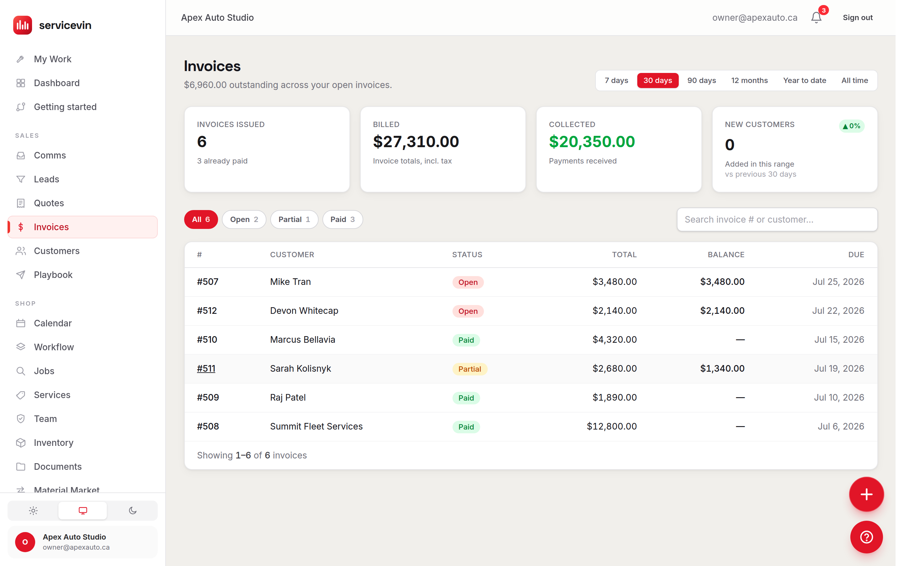The same job as a finished invoice, revealed on hover.