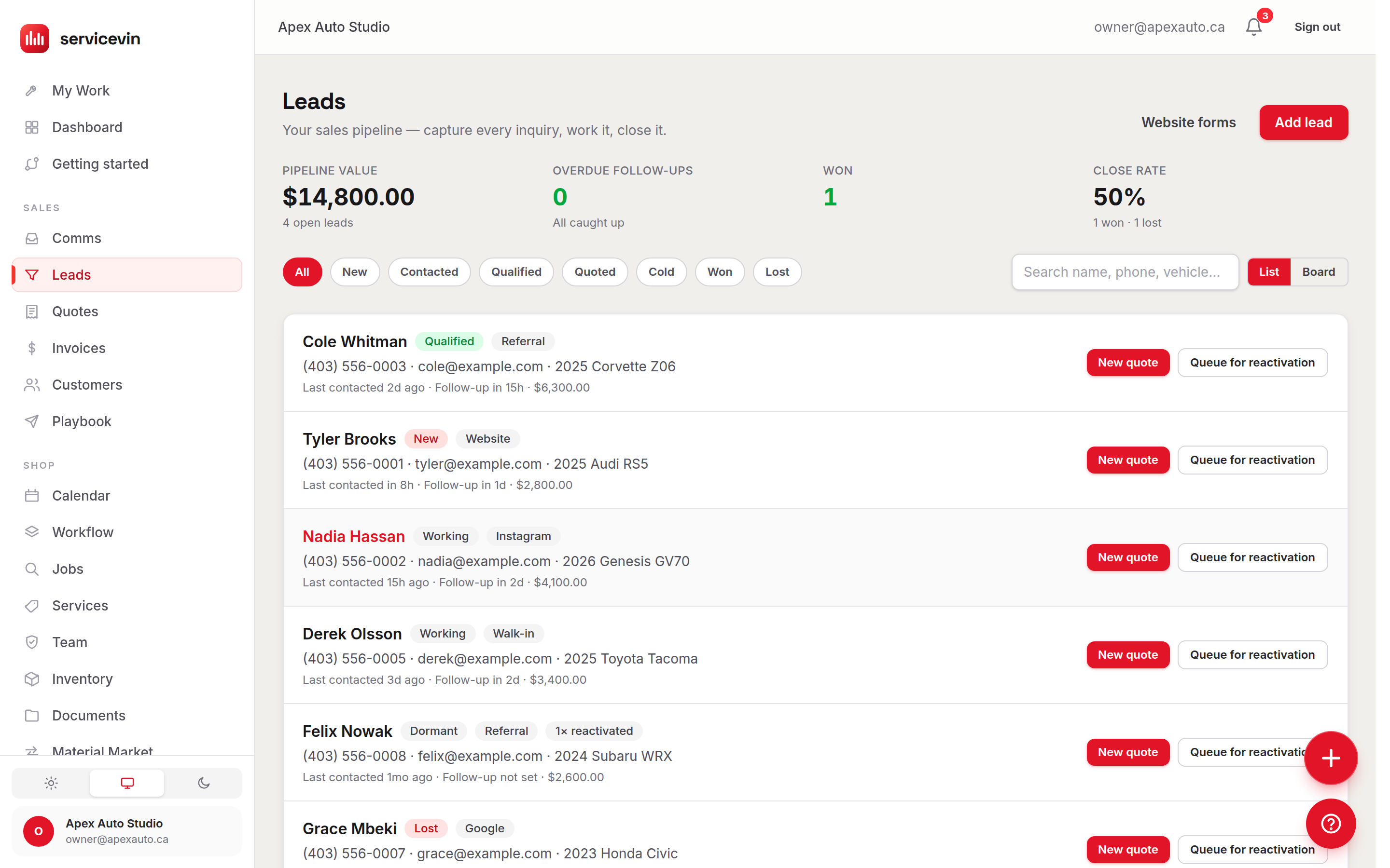 The leads board with every deal in its pipeline column, each card showing the customer, the vehicle and what the job is worth