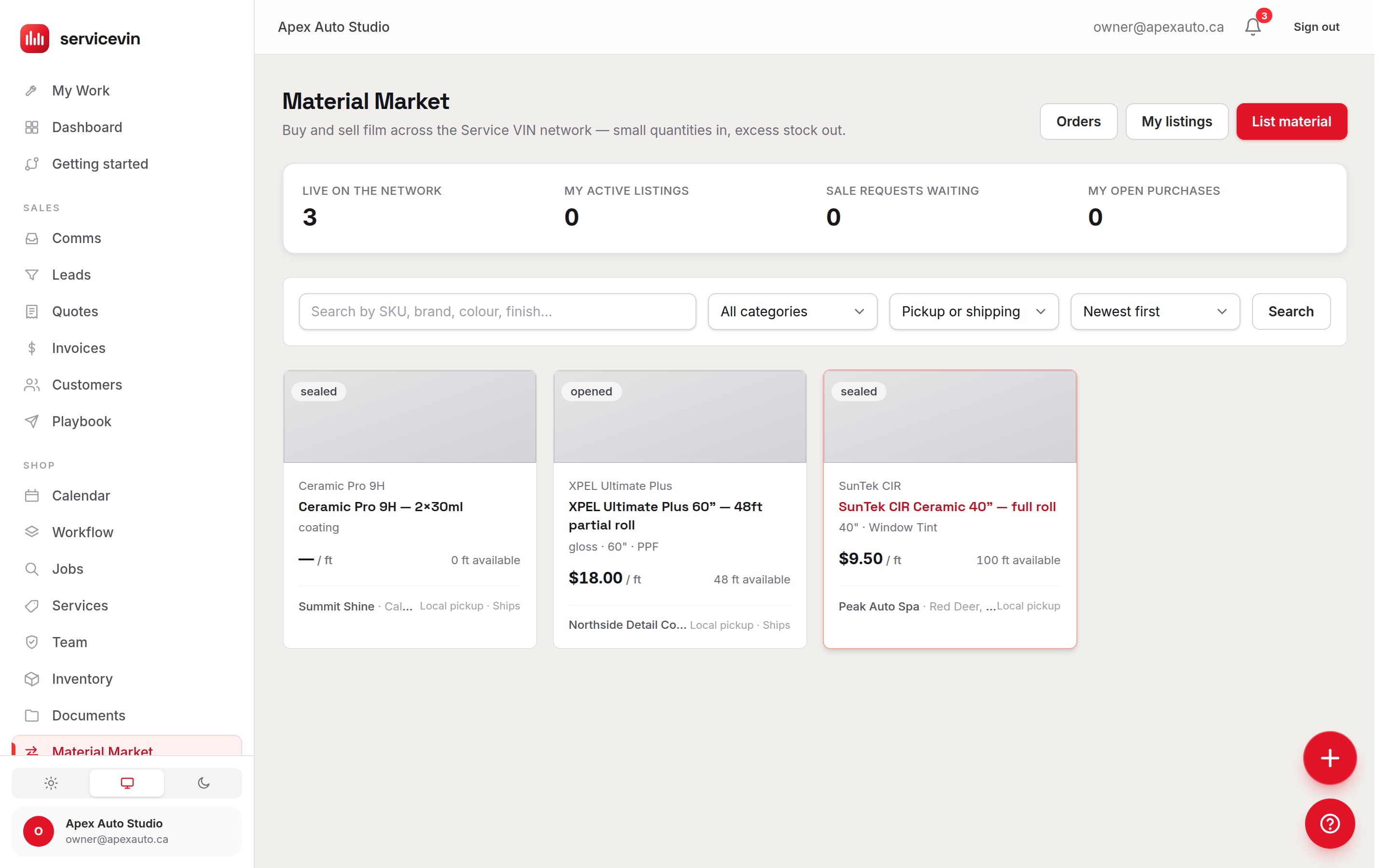 The Film Exchange browse page — listings from other shops with price per foot, footage available, condition, and the selling shop and its city on every card