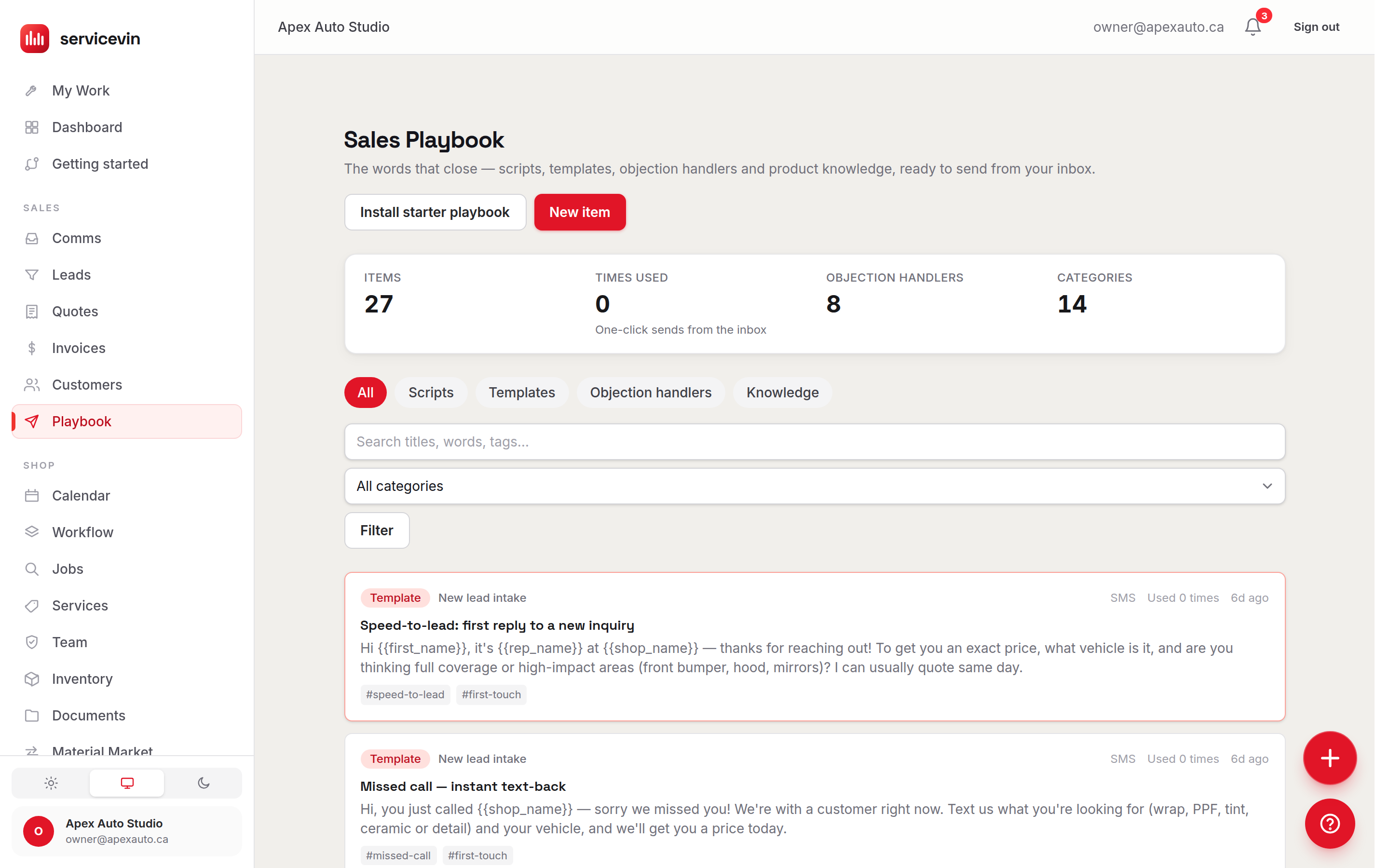 Sales Scripts with kind tabs, category filters and script cards showing how often each one has been used