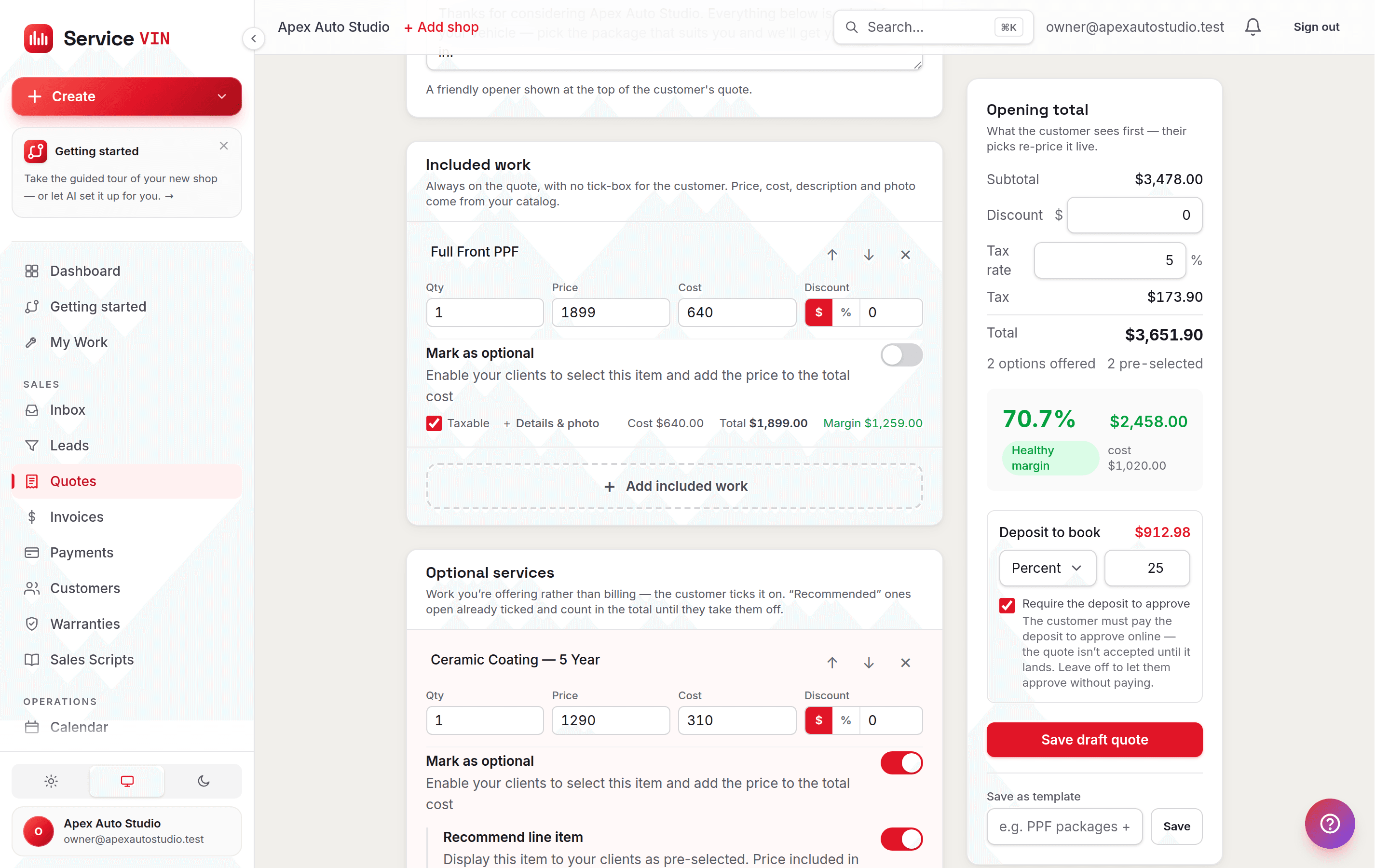 The quote builder with a Full Front PPF line billed at 70.7% margin, a Ceramic Coating line marked optional and recommended, and the rail showing two options offered, two pre-selected and the deposit due