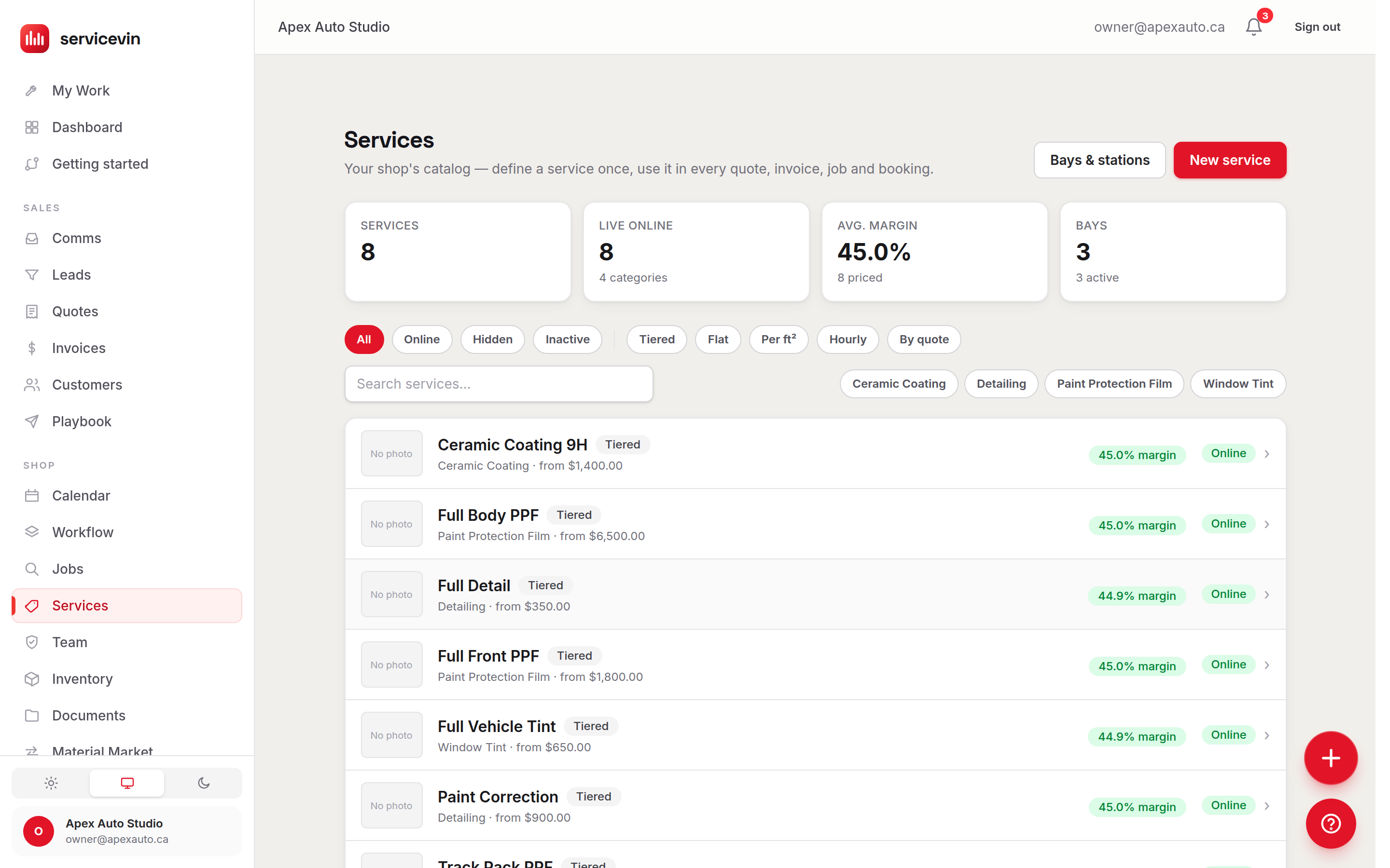 The service catalog: every service listed with its pricing model, starting price and the margin it earns
