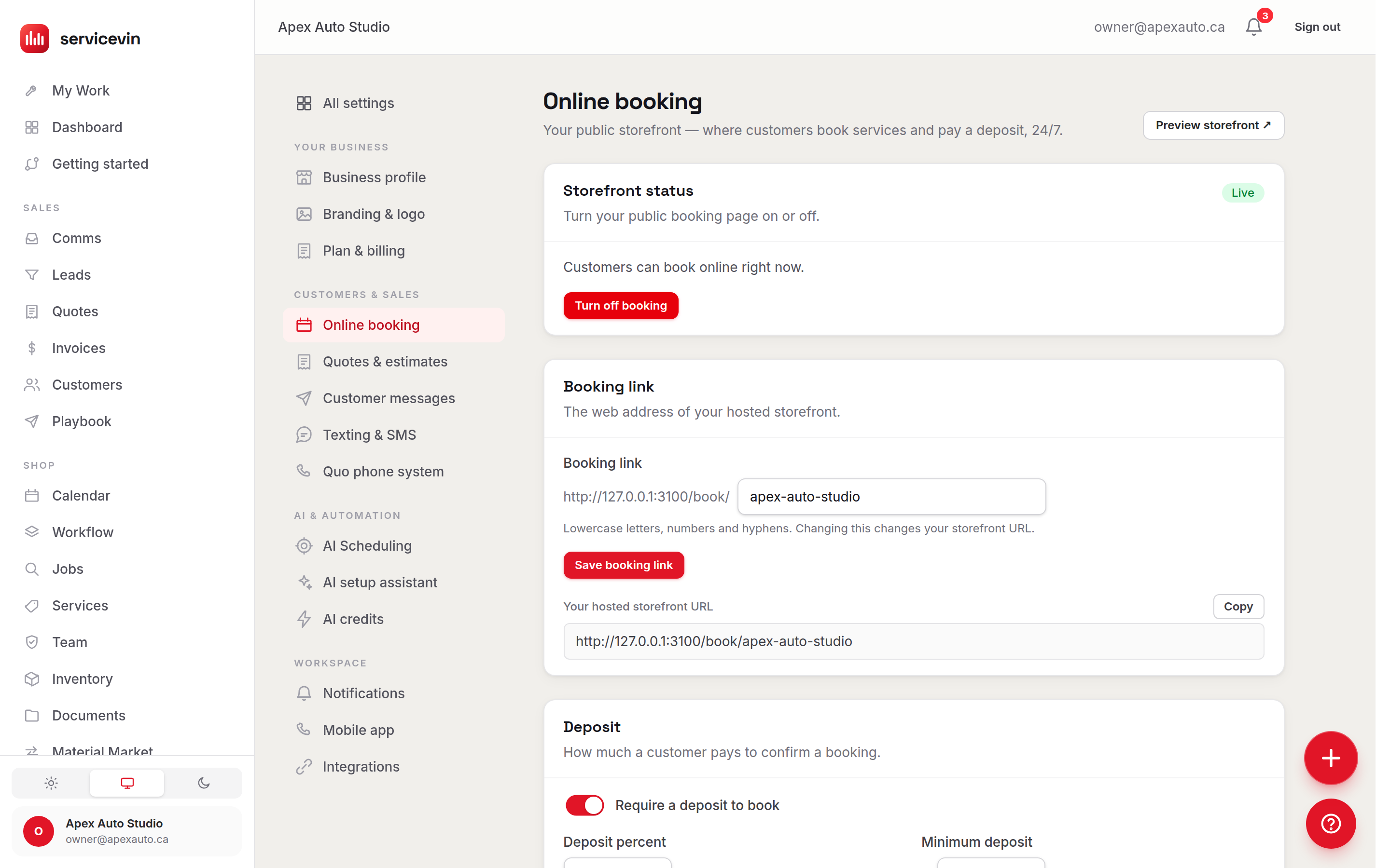 Booking settings listing each service with its duration, price tier and the deposit rule that the storefront charges