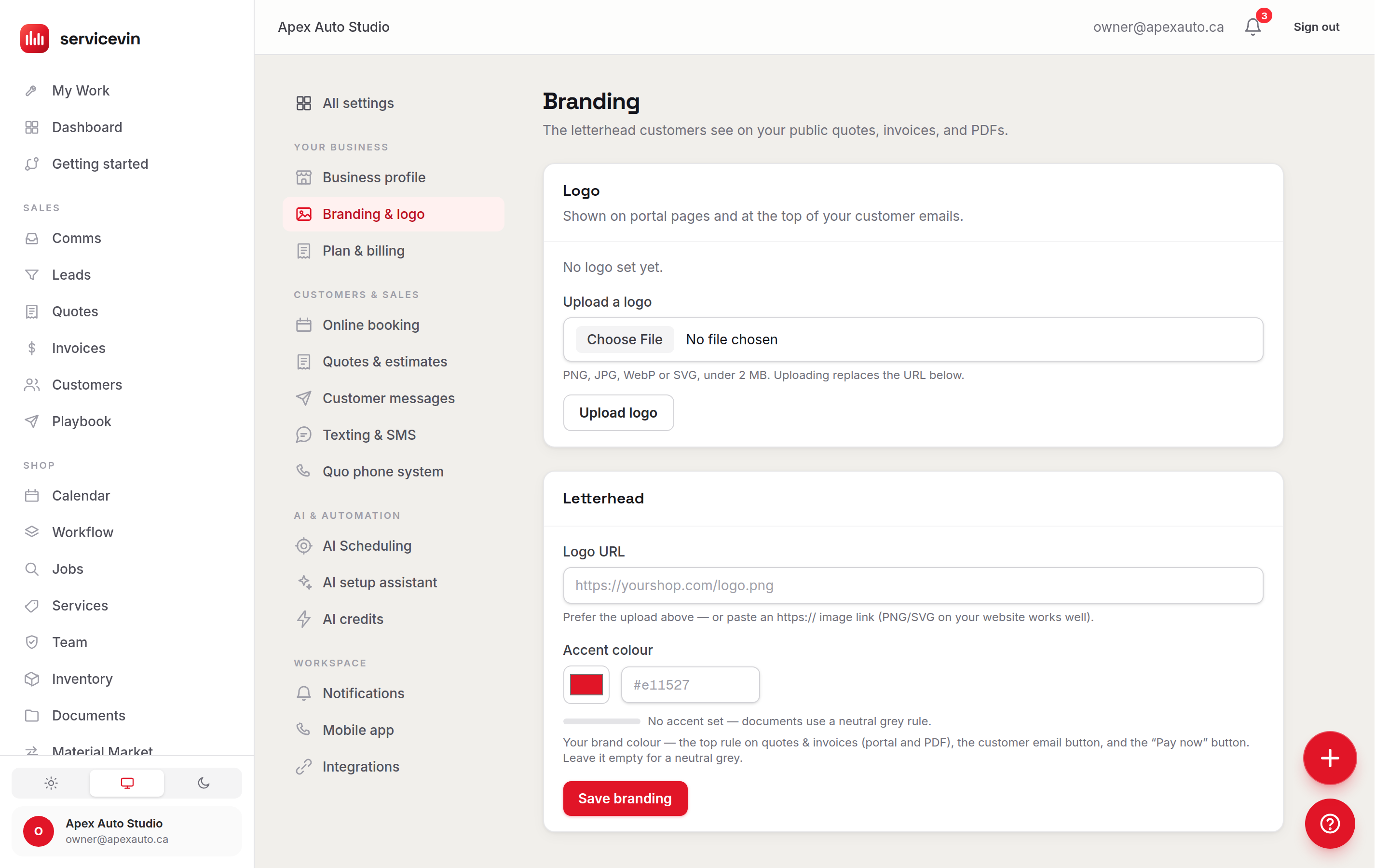 Branding settings with the shop's logo, accent colour and a live preview of the portal page a customer opens