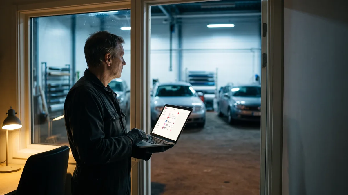 A shop owner holding a laptop, looking out over a lot of parked cars at dusk.