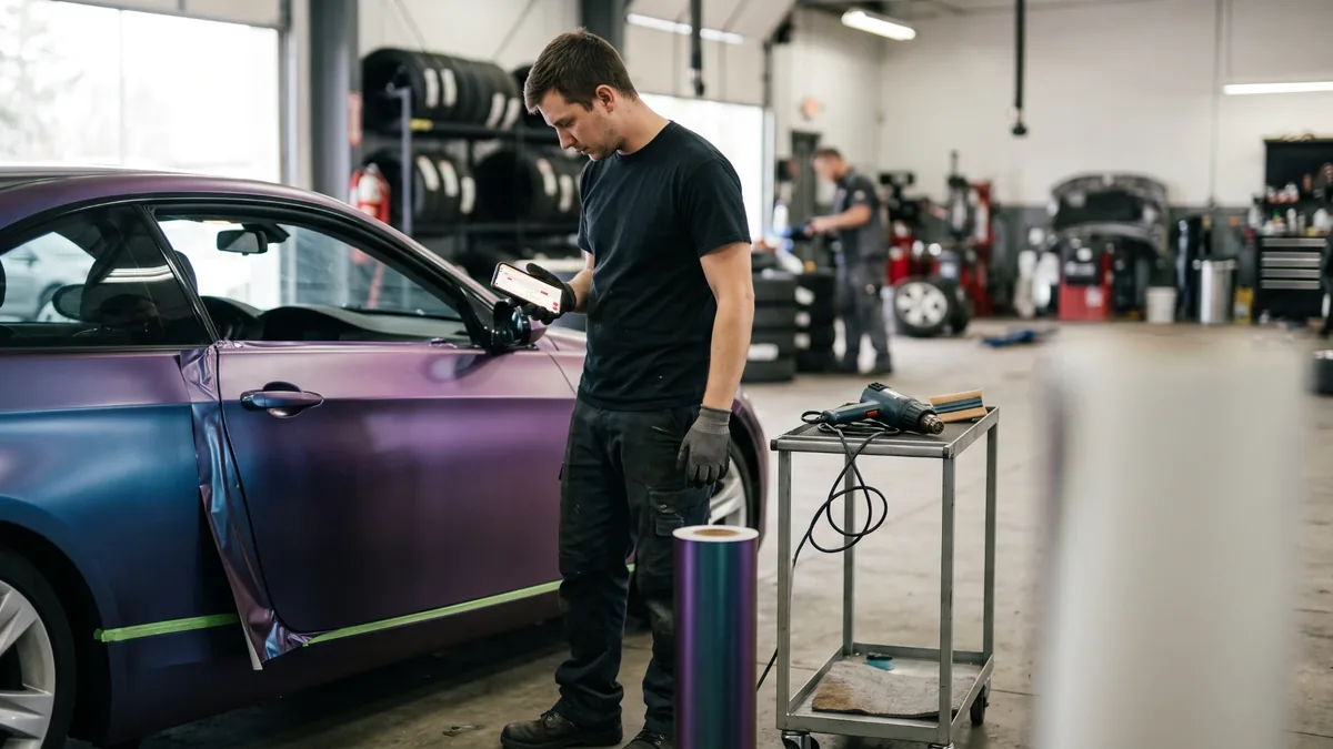 A technician holding a phone beside a car part-wrapped in colour-change film.