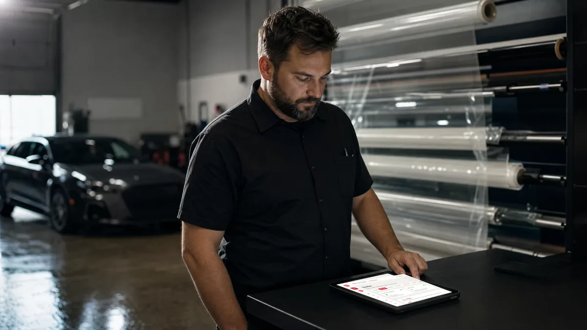 An advisor at a standing desk working on a tablet, a rack of clear film rolls behind him.