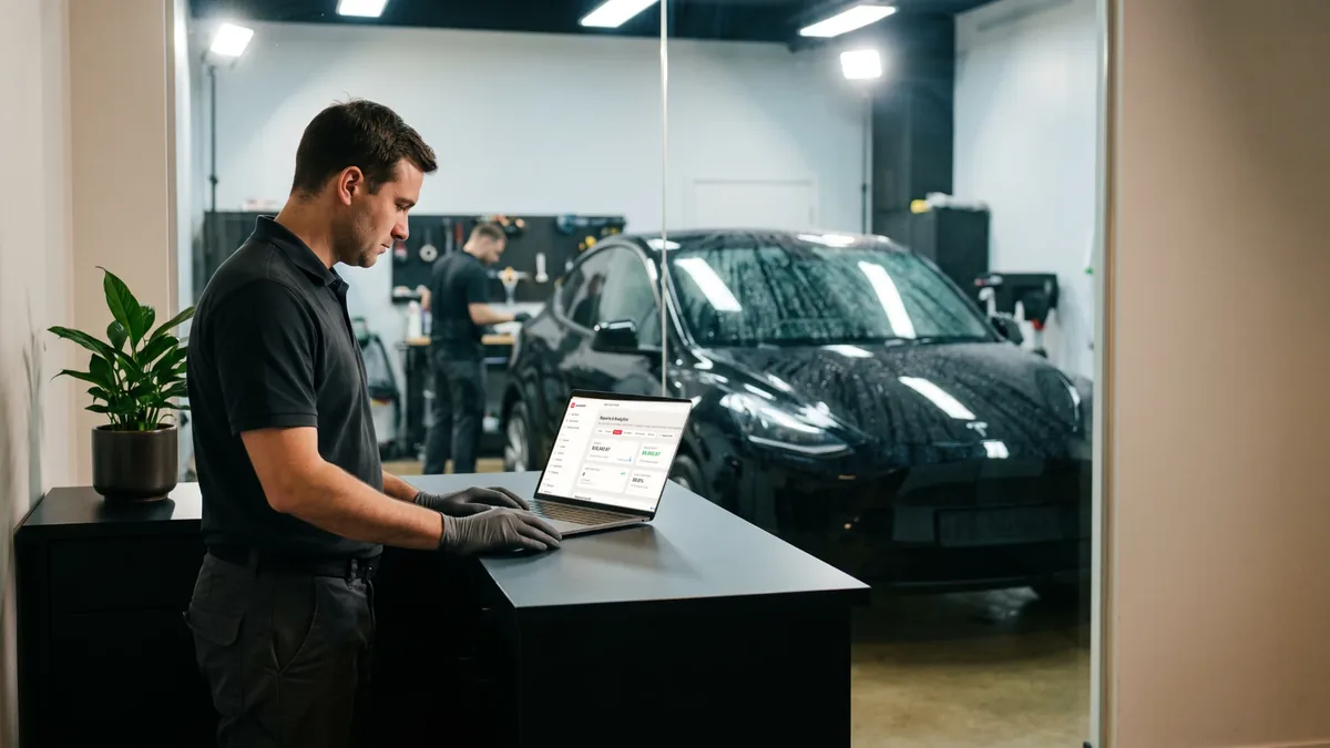 An advisor at a standing desk working on a laptop, a car being detailed behind a glass wall.