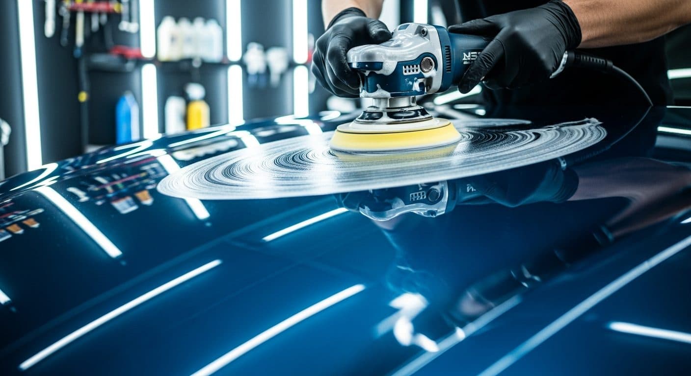A detailer buffing a car's glossy paint with a dual-action polisher in a clean bay.