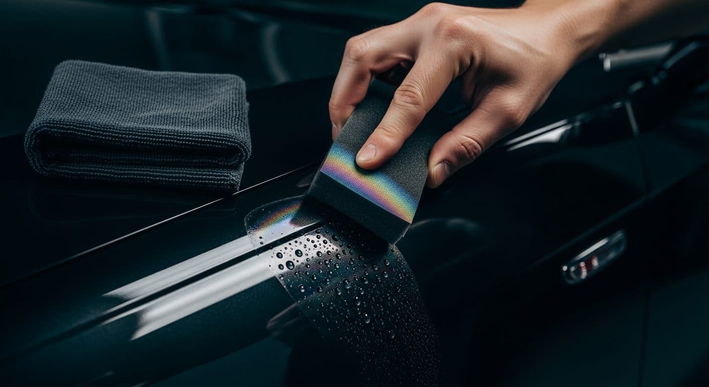 A detailer applying ceramic coating to a deep-gloss black car panel with an applicator block.