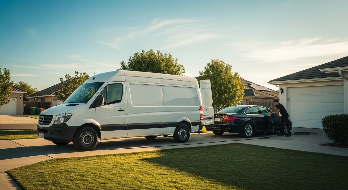 A clean mobile detailing van parked in a suburban driveway beside a car being washed.