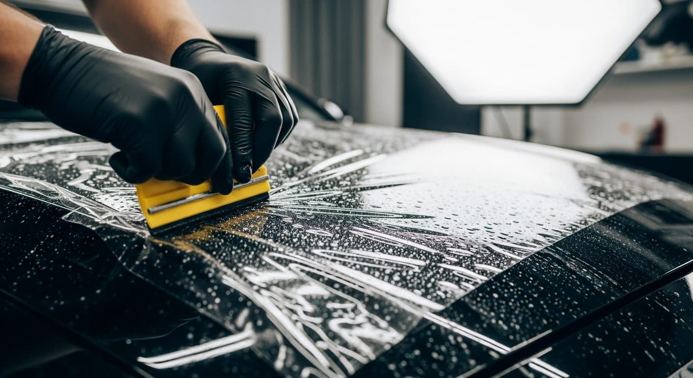 A professional installer squeegeeing clear paint protection film onto the glossy hood of a black car.