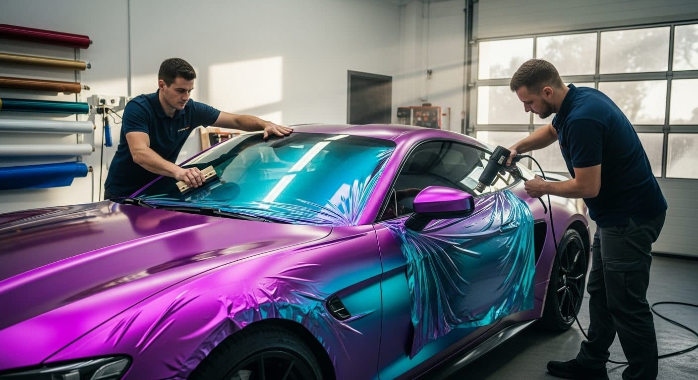Installers wrapping a sports car in a vivid colour-change vinyl inside a bright shop.