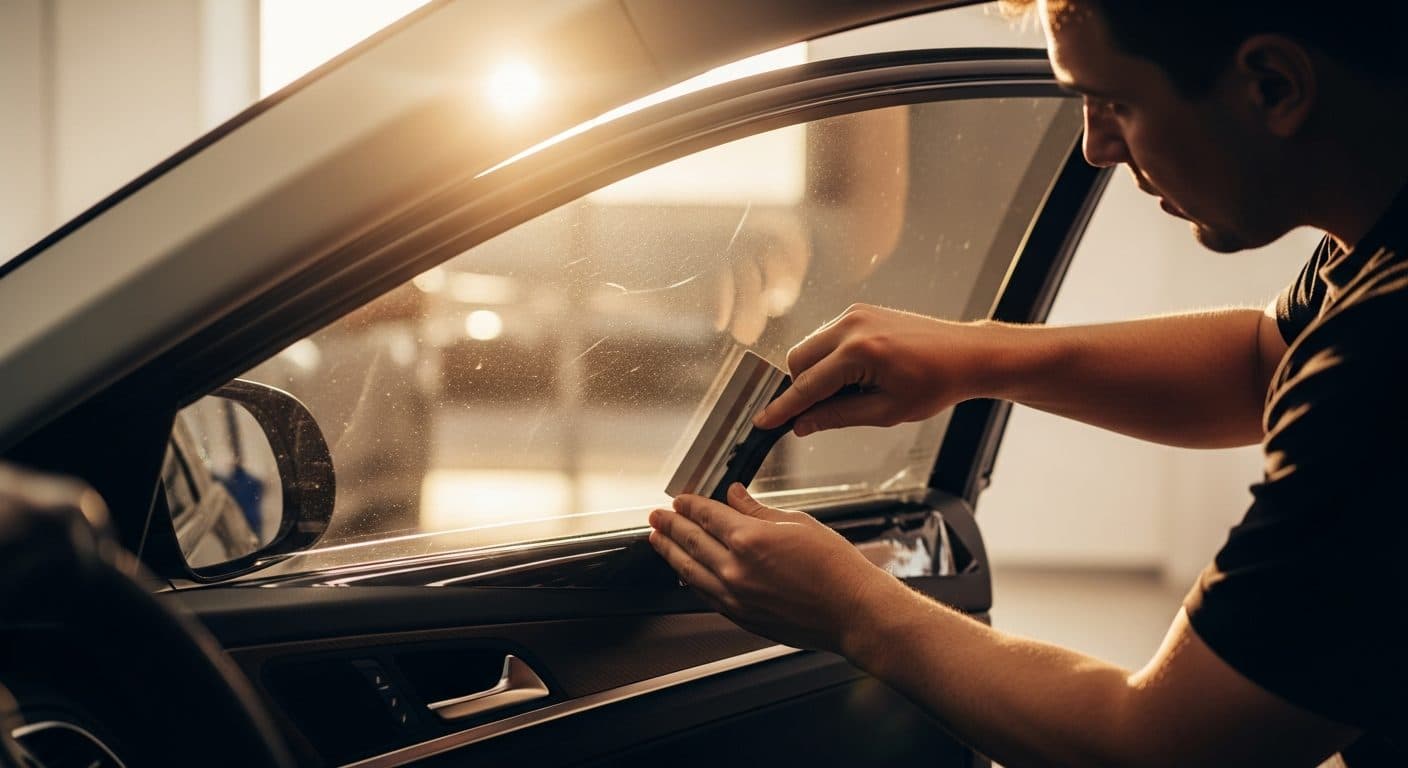A technician applying dark tint film to a car's side window, backlit by the sun.