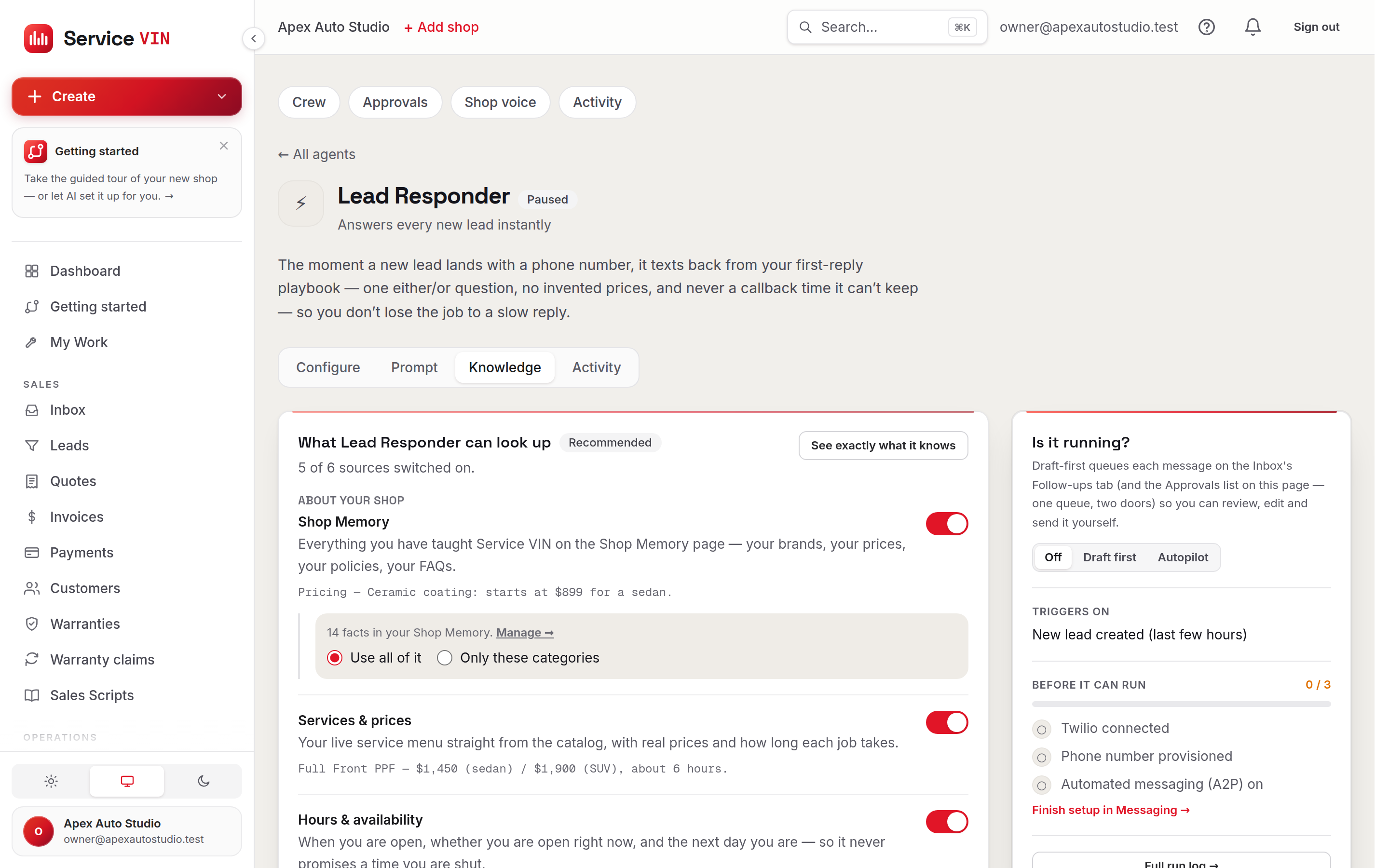 The Knowledge tab on the Lead Responder: the About your shop switches for Shop Memory, Services and prices, Hours, Booking rules and Rating — each with the example line the agent receives — the Shop Memory scope panel underneath, and the See exactly what it knows button in the header