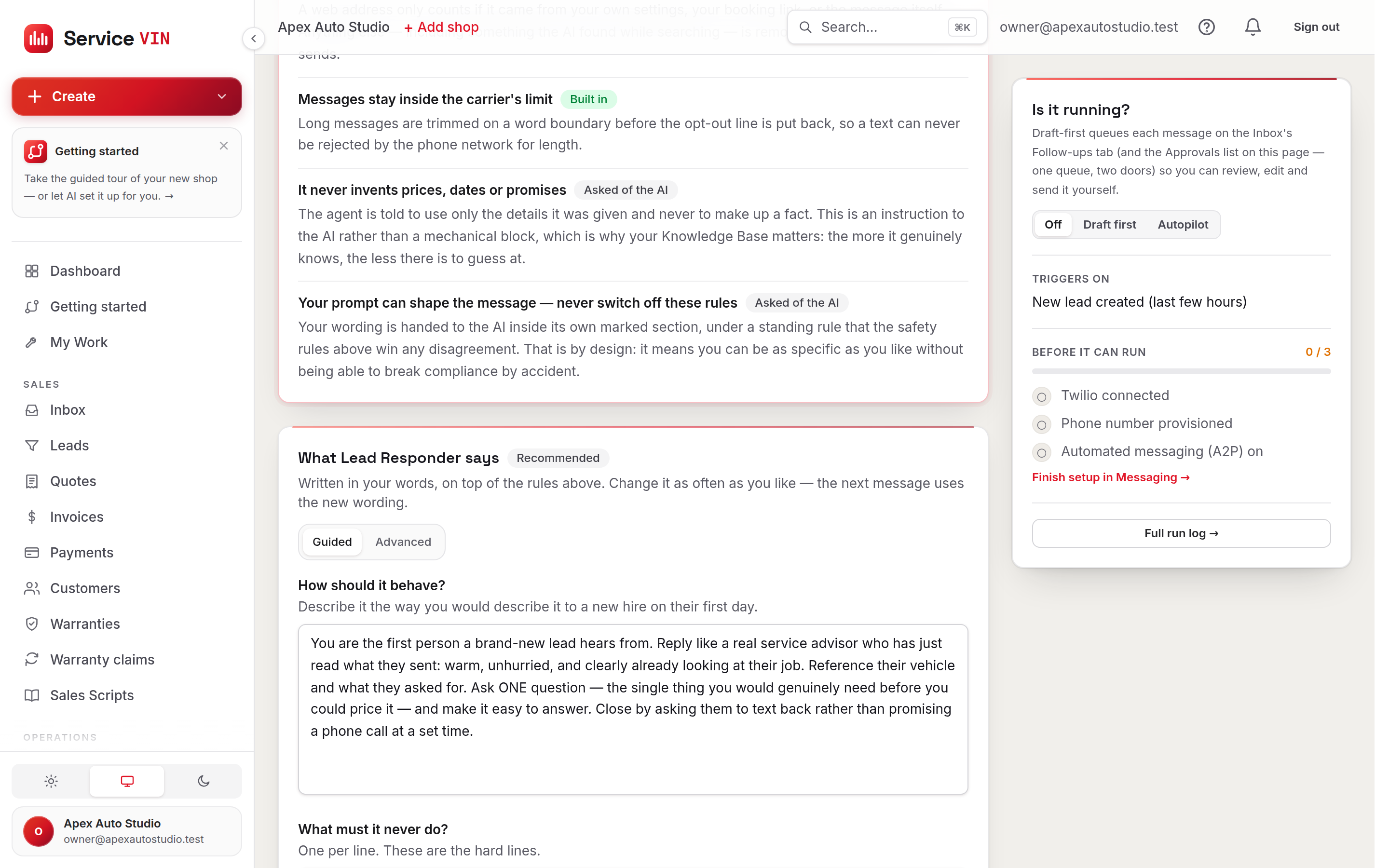 The Prompt tab on the Lead Responder: the Always on list of locked safety rules, each badged Built in or Asked of the AI, above the guided questions pre-filled with that agent's recommended wording and its never/always rules shown as chips