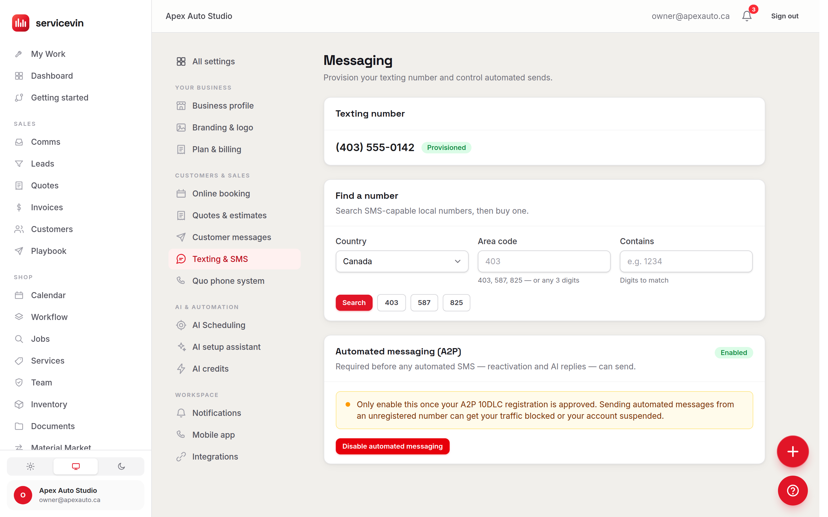 The Messaging settings page with number search results and the automated messaging gate