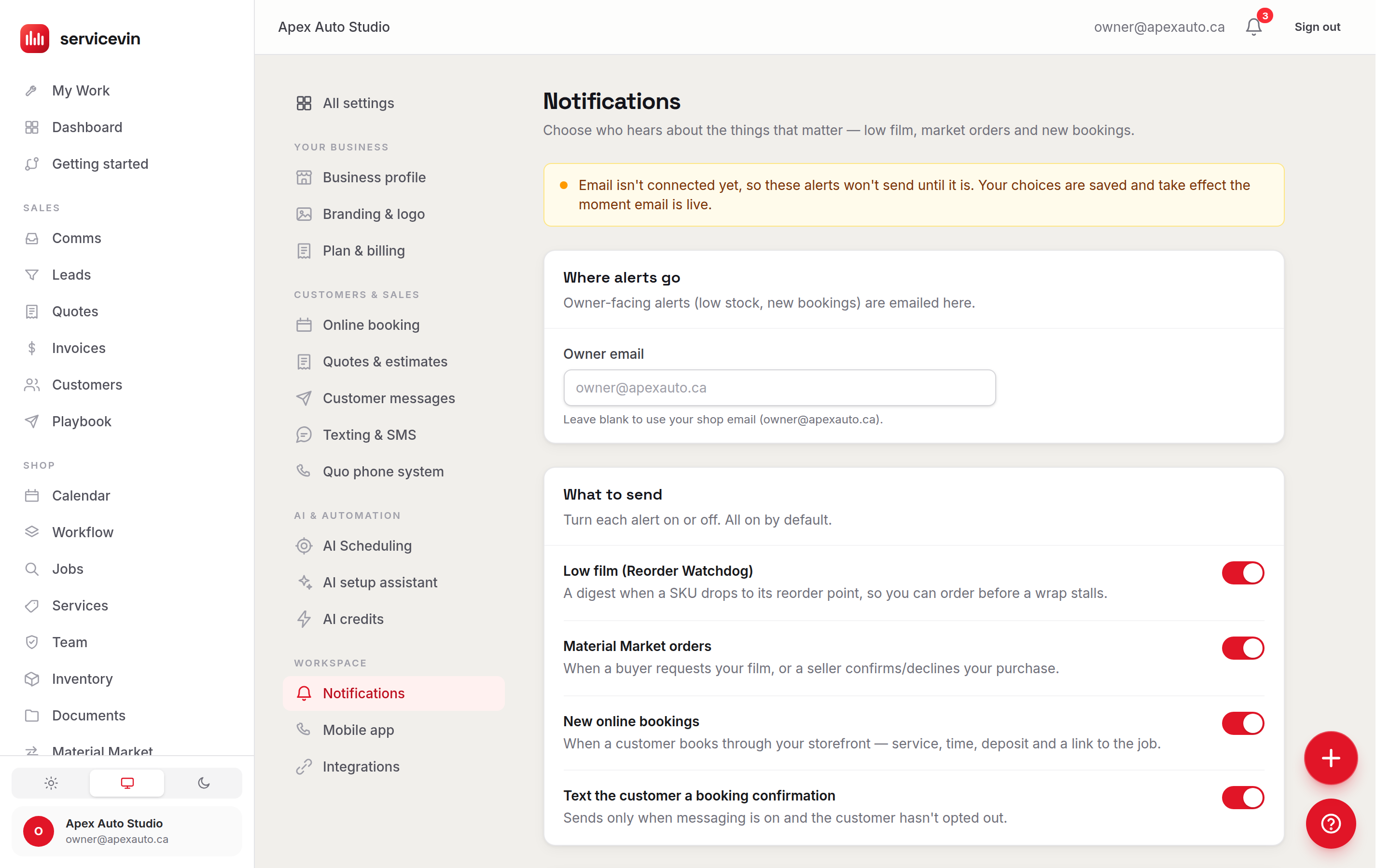The Notifications settings page with alert toggles and the reorder buffer